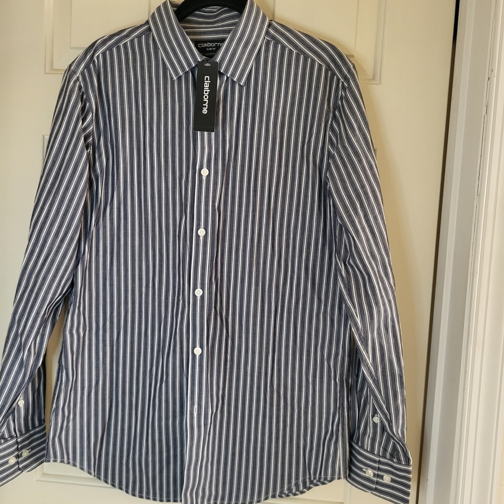 Claiborne Men's Navy and White Pinstripe Dress Shirt